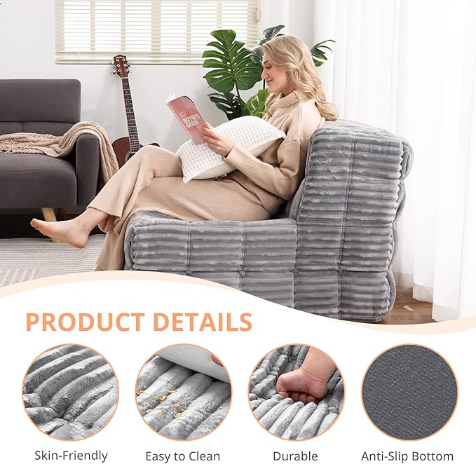 Armless Fireside Couch Hybrid Bean Bag Floor Sofa, Light Gray
