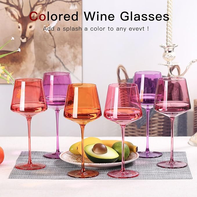 Colored Wine Glasses Set of 6 – 18oz Hand-Blown Crystal Stemmed Wine Glasses, Vibrant Sunset Square stemware for Red & White Wine, Unique Gift for Wedding, Anniversary, Birthday