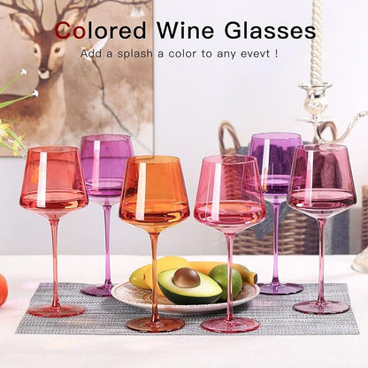 Colored Wine Glasses Set of 6 – 18oz Hand-Blown Crystal Stemmed Wine Glasses, Vibrant Sunset Square stemware for Red & White Wine, Unique Gift for Wedding, Anniversary, Birthday