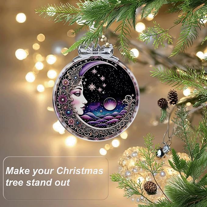 Sun and Moon Christmas Ornament Crystal Glass with Gift Box- Hanging Ornaments for Christmas Tree Xmas Decorations, Holiday Keepsake Present Exchange Ideas