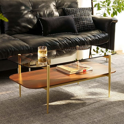 AGV LIGHTING Tadio Glass Coffee Table, Mid-Century Modern Coffee Table for Living Room, Gold Finish Leg, Coffee Brown Glass Top & Walnut Brown Shelf, Rounded Corners
