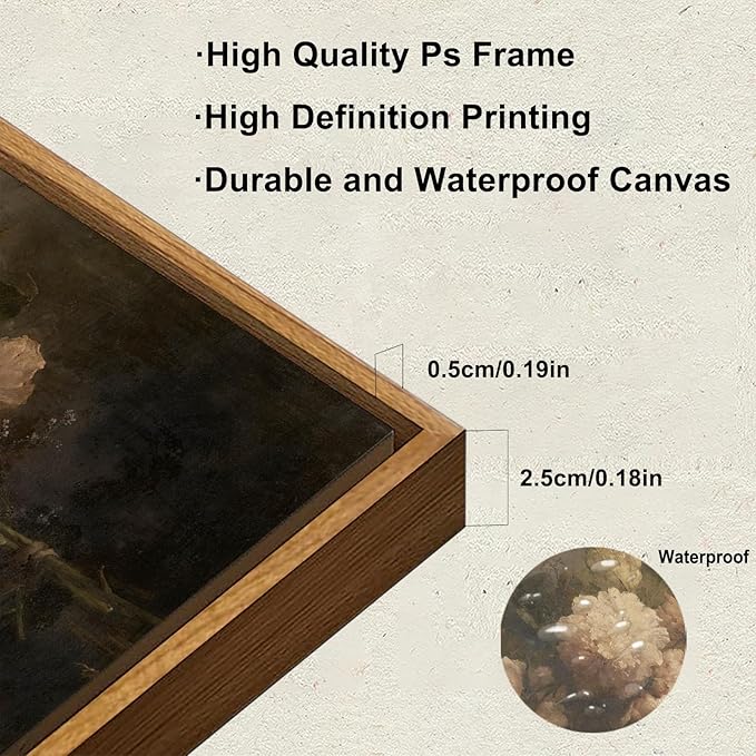KBKBART Framed Canvas Wall Art Vintage Decor, Dark Vintage Still Life Flower Canvas Oil Painting, Classical Moody Peony Bouquet Prints for Wall Decor, Antique Floral Art Painting Victorian Decor Artwork for Bedroom Living Room Bathroom Gallery(8"x10")