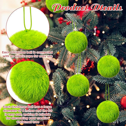 16 Pcs Large Lime Green Furry Christmas Ball Ornaments for Tree Green Christmas Hanging Decorations 4’’ Soft Faux Fur Pom Pom Ball Ornaments for Home Party Supply Fireplace Mantel Wall Decor