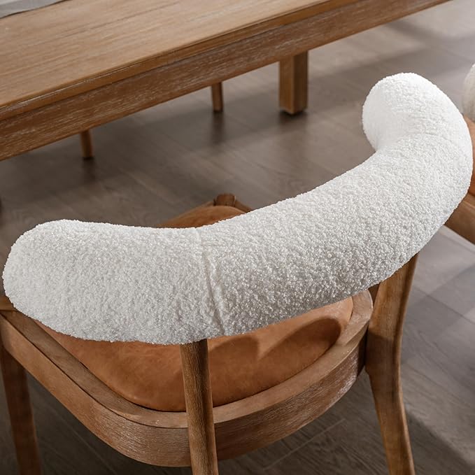 Wood Dining Chairs Set of 6, Mid Century Modern Living Room Chairs with Unique Curved Sherpa Open Back Comfy PU Upholstered Side Chair for Kitchen/Restaurant/Reception, Brown