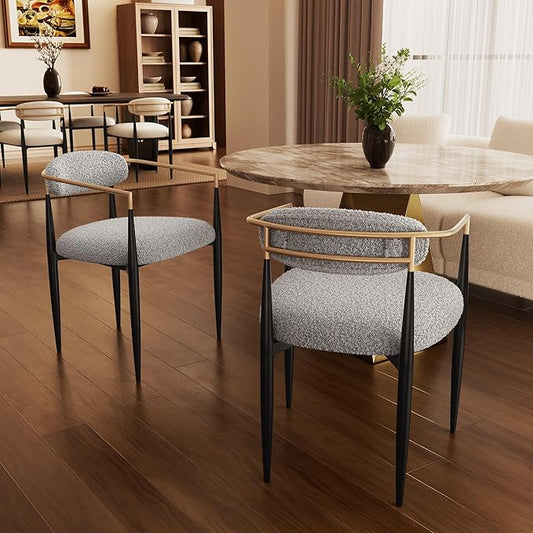 Morden Fort Modern Boucle Dining Chairs Set of 2, Grey Upholstered Dining Chairs with Black Metal Legs and Gold Armrest, for Kitchen, Living Room and Café