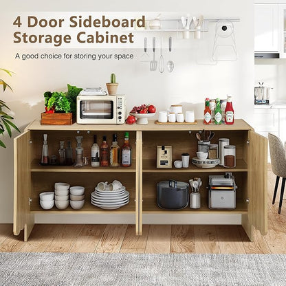 ORRD Sideboard Buffet Cabinet, Accent Storage Cabinets with 4 Doors, Farmhouse Wood Cabinet with Adjustable Shelves and Wave Panel for Living Room, Dining Room, Entry - Natural