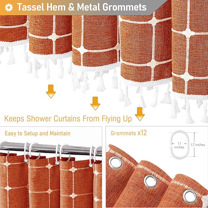 BTTN 78 Inch Long Shower Curtain - Boho Farmhouse Linen Ultra Thick Fabric Shower Curtain Set with Plastic Hooks, Tall Rustic Country Weighted Cloth Shower Curtains for Bathroom - Burnt Orange - 72x78