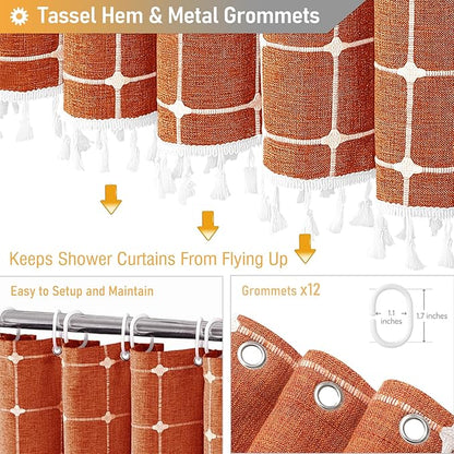 BTTN 78 Inch Long Shower Curtain - Boho Farmhouse Linen Ultra Thick Fabric Shower Curtain Set with Plastic Hooks, Tall Rustic Country Weighted Cloth Shower Curtains for Bathroom - Burnt Orange - 72x78