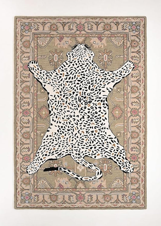 Handmade Leopard Wool Area Rug with Traditional Oushak Motif – Animal Print Cheetah Rugs for Living Room, Bedroom | Plush Texture, Vintage Style, Thick & Durable Carpet (Neutral, 10' x 11')