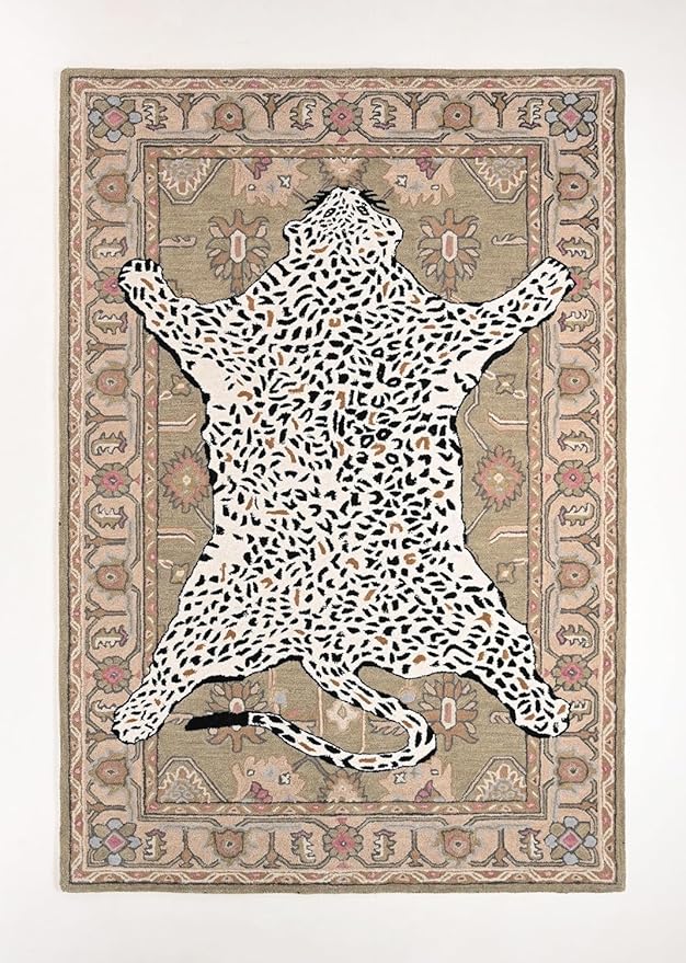 Handmade Leopard Wool Area Rug with Traditional Oushak Motif – Animal Print Cheetah Rugs for Living Room, Bedroom | Plush Texture, Vintage Style, Thick & Durable Carpet (Neutral, 10' x 12')