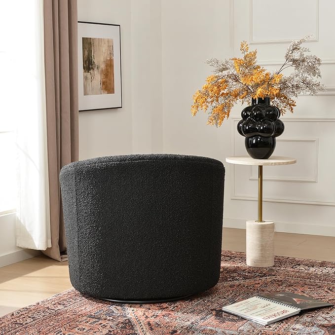 KINWELL 34" W Mid Century Modern Swivel Barrel Chair, Round Upholstered Boucle Swivel Accent Chairs, No Assembly Chair for Living Room Bedroom Reading Apartment Lounge Nursery(Black)