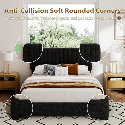 Queen Size Boucle Bed Frame, Upholstered Cloud Platform Bed Frame with Adjustable Headboard, Vertical Tufted, Soft Rounded Corners, No Box Spring Needed, Noise Free Design, Easy Assembly, Black