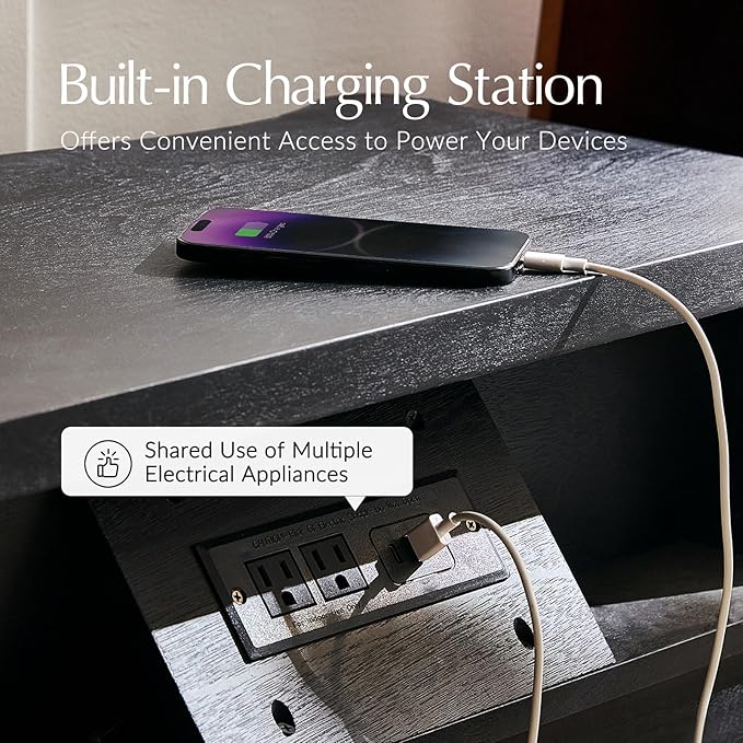 HULALA HOME Wood Nightstand with Charging Station, 3 Drawer Traditional Nightstands, End Table with Solid Wood Legs for Bedroom, USB Ports & Three-Prong Plugs, Black