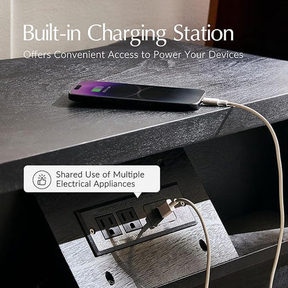 HULALA HOME Wood Nightstands Set of 2 with Charging Station for Bedroom, 3 Drawers Traditional Nightstand Solid Wood Legs, USB Ports & Three-Prong Plugs, Black