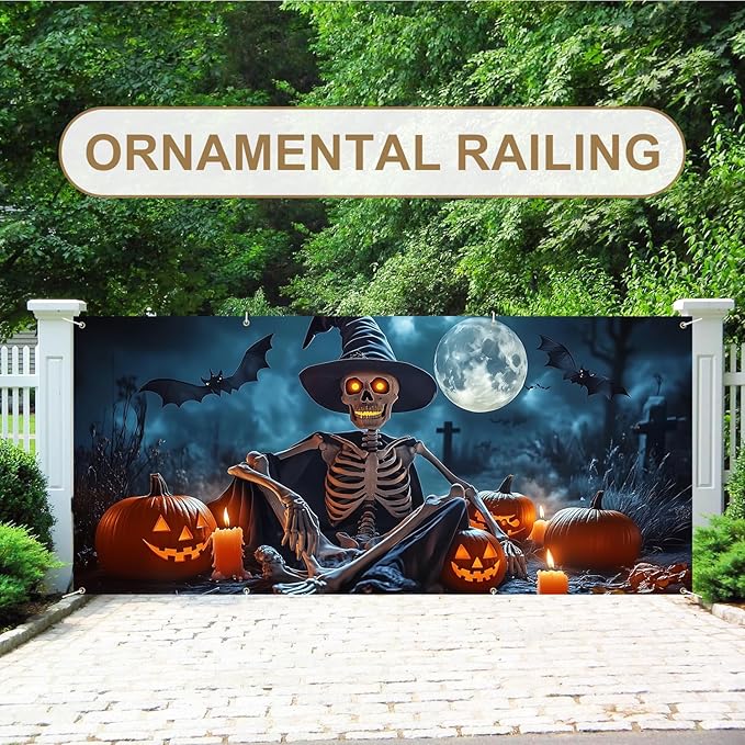 6 x 13 ft Halloween Garage Door Decorations Halloween decorations Witch Door Cover, Hanging Banner, Cauldron Backdrop Mural for Home, Outdoor, Indoor, Spooky Party, Wall, Window (Skull)