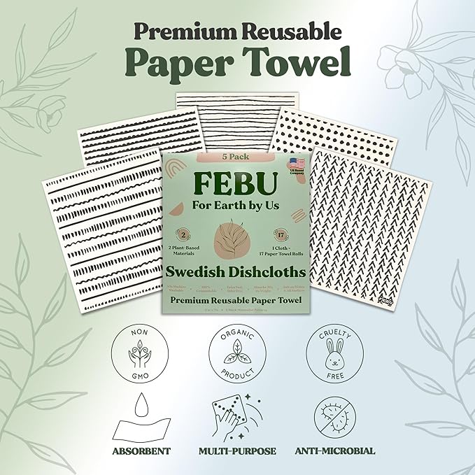 FEBU Swedish Dish Cloths 5 Pack Black Minimalist Washable Reusable Kitchen Dish Towels
