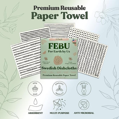 FEBU Swedish Dish Cloths 5 Pack Black Minimalist Washable Reusable Kitchen Dish Towels