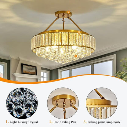 YYJLX 6-Light Modern Large Crystal Chandelier Gold Metal E26 Semi Flush Mount Round Ceiling Light Fixture Ceiling Lamp Farmhouse for Dining Room Living Room Laundry Room Foyer Kitchen Bedroom