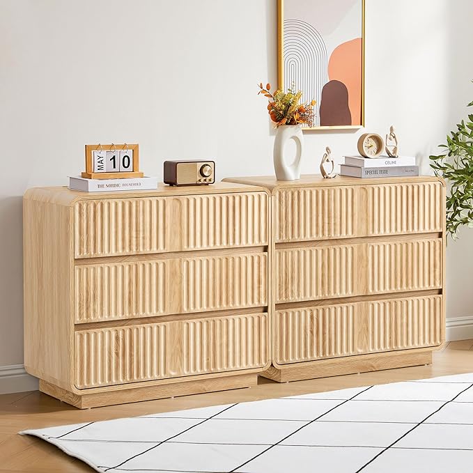 Fluted 3 Drawer Dressers for Bedroom, 31.5" Wide Large Mid Century Modern Nightstand 2 Sets W/3 Storage Drawers , Wood Dresser & Chest of Drawers with Curved Profile for Living Room (Natural)