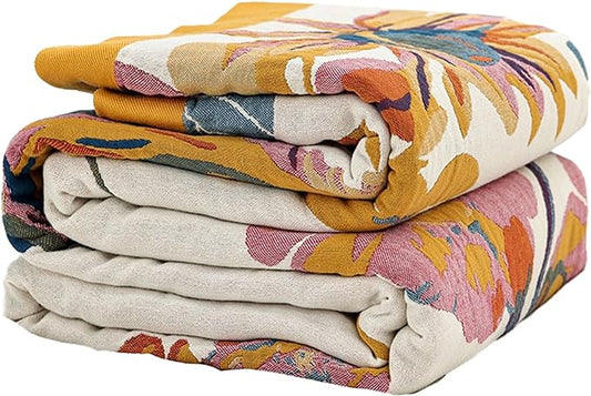 Boho Throw Blanket 100% Cotton Woven Ultra Soft 4-Layer Muslin Quilt Farmhouse Bed Blanket Cover 90"x98", Vintage Floral