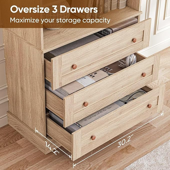 Vyre 71" Tall Farmhouse Bookshelves with Glass Doors and Drawers, Set of 3 – Large Modular Bookcase with Adjustable Shelves, Storage Cabinet for Living Room, Kitchen, Brown