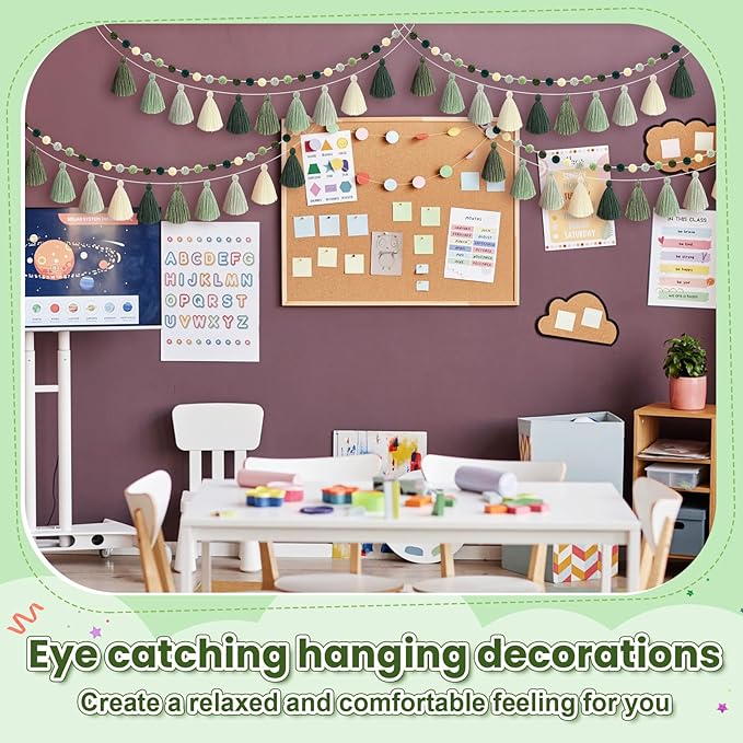 Syhood 4 Pcs Christmas Pom Pom Tassel Garland Felt Pompom Ball Banner Christmas Tassel Garland for Xmas Tree Hanging Decorations Party Supplies Home Decor(Sage Green)