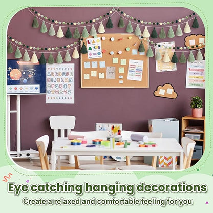 Syhood 4 Pcs Christmas Pom Pom Tassel Garland Felt Pompom Ball Banner Christmas Tassel Garland for Xmas Tree Hanging Decorations Party Supplies Home Decor(Sage Green)