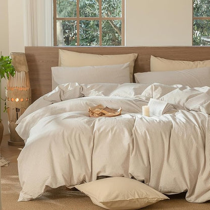 MooMee Striped Duvet Cover Set 100% Washed Cotton Linen Like Textured Breathable Durable Soft Comfy (Tannish Linen Grey White Pinstripes, Cal King 104"x98")
