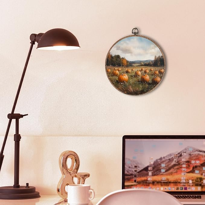 Hxlac Vintage Pumpkin Field Pumpkin Round Wall Art Framed, Vintage Autumn Pumpkin Round Wall Decor, Cottage Fall Halloween Hanging Canvas Prints Wall Sculptures for Home Room Decor, 10x10 Inch