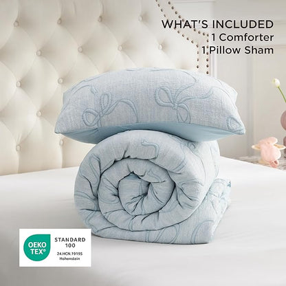 Bedsure Twin Size Comforter Set, Dusty Blue Boho Tufted Bed Set, 3D Puffy Jacquard Bedding King Size, 2 Pieces, 1 Farmhouse Shabby Chic Embroidery Comforter with Bow Pattern & 1 Pillow Case