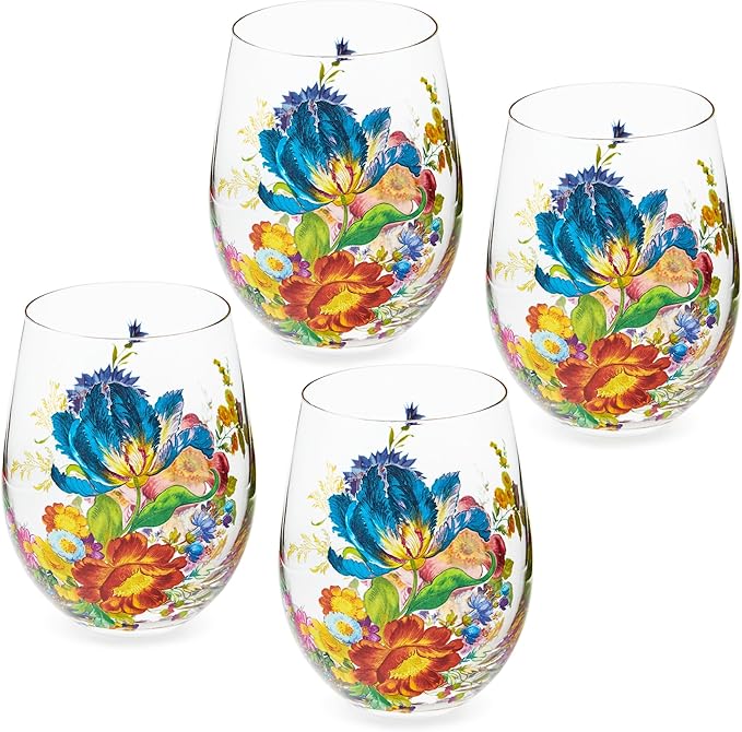 MACKENZIE-CHILDS Stemless Wine Glasses, Decorative Wine Glasses, 16 Ounces, Set of 4, Flower Market