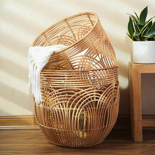 Set Of 2 Large Woven Blanket Baskets | Round Wicker Rattan Storage Floor Baskets for Shoe In Living Room | Extra Big Boho Rattan Laundry For Pillow, Blanket, Clothes