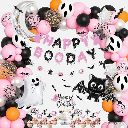 Amandir Pink Black Halloween Birthday Party Decorations, Happy Boo Day Glitter Banner Halloween Balloon Arch Garland kit Foil Bat Ghost Balloons Cake Toppers for Kids Girl Spooky Baby Shower Supplies