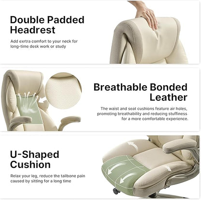 EUREKA ERGONOMIC Galene Executive Office Chair Flip Up Arm Rest, Ergonomic Desk Chair Faux Leather Computer Chair, High Back Office Chair with Headrest, Home Desk Chairs with Wheels, Beige