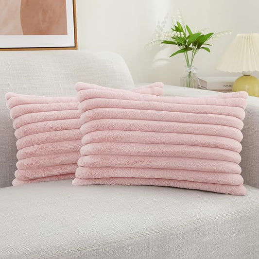 decorUhome Faux Fur Throw Pillow Covers 12x20 Set of 2, Decorative Soft Plush Striped Lumbar Neutral Euro Pillow Covers with Velvet Back for Bed, Living Room Home Decor, Pink
