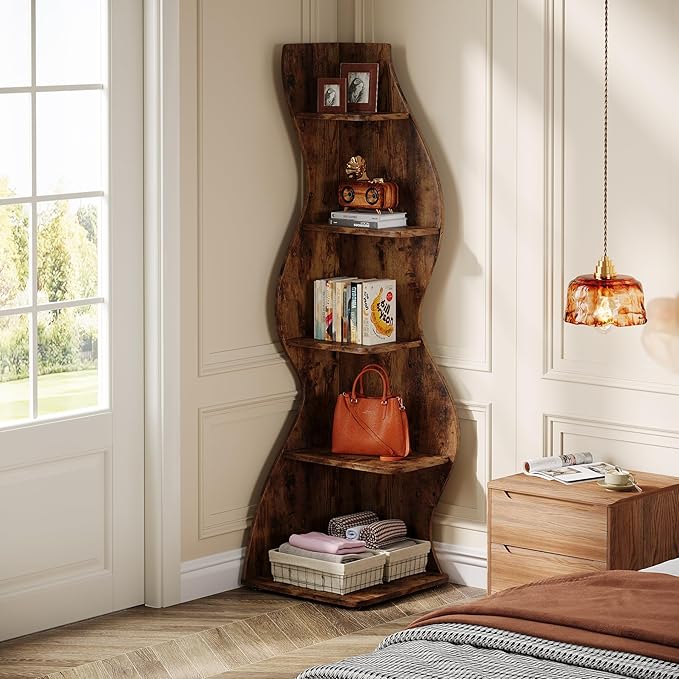 Tribesigns Wavy Corner Shelf, Modern 5-Tier Bookshelf Bookcase with Curvy Shape, Unique Plant Stand Display Rack for Living Room Small Space (Brown)