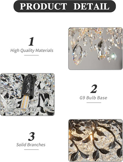 Modern Crystal Chandelier for Dining Room, 8-Light 23.62" Black Tree Branch Chandeliers, Luxury K9 Crystal Rectangular Chandeliers for Kitchen Island Living Room