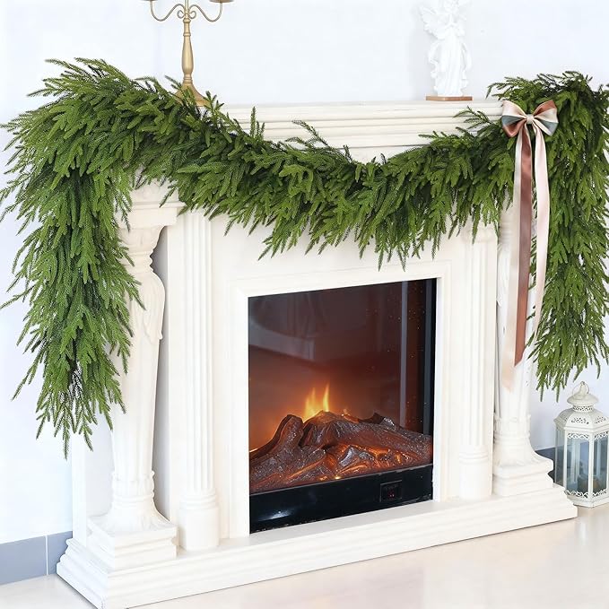 Guirnalda de pino Norfolk artificial de Navidad de 9 pies para chimenea, Christmas guirnalda falsa realista para vacaciones, mesa, ventana, repisa, escaleras, hogar, decoración interior y exterior (2 unidades)