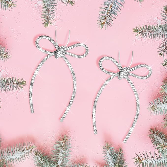 FLAIR GIFTS 6 Pcs 4.3" x 6" 2025 Christmas Bows for Tree Decor, Silver Sparkly Glitter Rhinestone Bow Ornaments with Twist Tie for Xmas Decoration, Wreath, Garland, Gift Wrapping