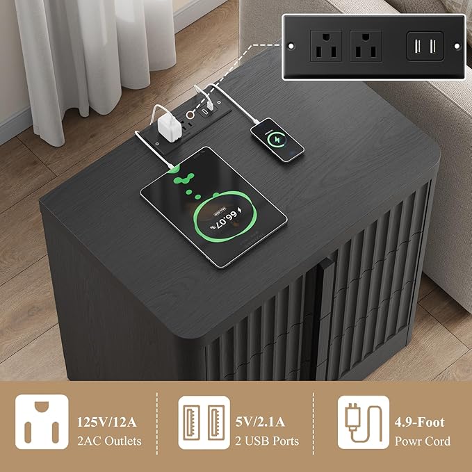 Fluted Nightstand with Charging Station, 23.6" Night Stand with Solid Wood Handle, Mid Century Moden Bedside Table End Table 3 Drawer Dresser for Bedroom, Living Room, Black