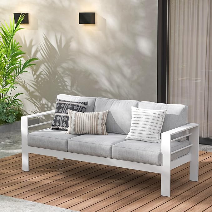 Wisteria Lane Patio Furniture Aluminum Chair, All-Weather 3 Seats Outdoor Chair, White Metal Chair with Light Grey Cushions