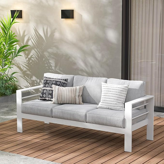 Wisteria Lane Patio Furniture Aluminum Chair, All-Weather 3 Seats Outdoor Chair, White Metal Chair with Light Grey Cushions