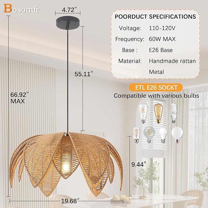 Hand Woven Rattan Chandelier, Boho Pendant Light 19.68 inches Wicker Light Fixture Suitable for Dining Room, Kitchen, Living Room, Farmhouse,E26 Lamp Base
