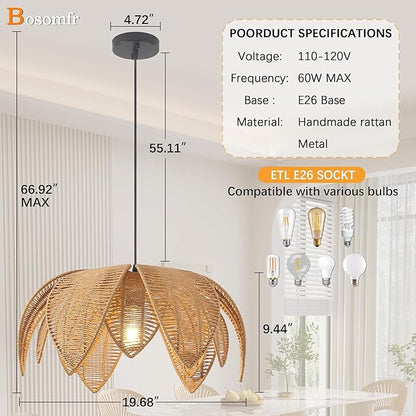 Hand Woven Rattan Chandelier, Boho Pendant Light 19.68 inches Wicker Light Fixture Suitable for Dining Room, Kitchen, Living Room, Farmhouse,E26 Lamp Base