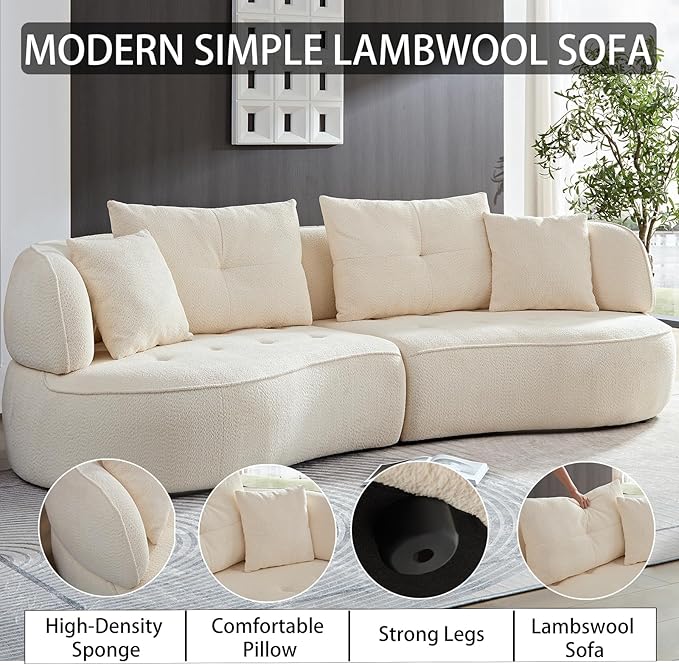 109" Modern Curved Sofa Sectional Couch, Luxury Comfy Boucle Upholstered Couches, Oversized 3 Seater Minimalist Deep Seat Modular Sofas for Living Room,Bedroom, Home Office, Apartment, White