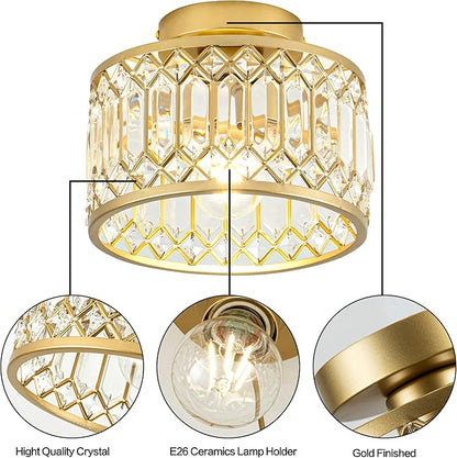 Crystal Ceiling Light, Modern Semi Flush Mount Ceiling Light, Gold Crystal for Kitchen Bedroom Bathroom Entryway (Bulb not Included)