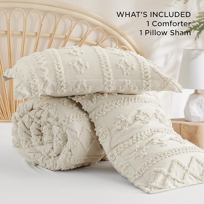 Bedsure Tufted Boho Comforter Set Twin Size - Beige Boho Bed Set, GentleSoft™ 2 Pieces Farmhouse Shabby Chic Embroidery Bedding, Gifts for Woman, Soft Jacquard Twin Comforter for All Seasons