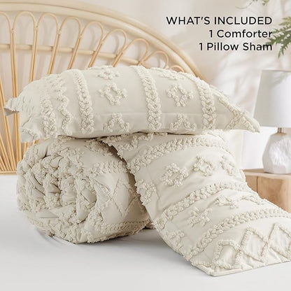 Bedsure Tufted Boho Comforter Set Twin Size - Beige Boho Bed Set, GentleSoft™ 2 Pieces Farmhouse Shabby Chic Embroidery Bedding, Gifts for Woman, Soft Jacquard Twin Comforter for All Seasons