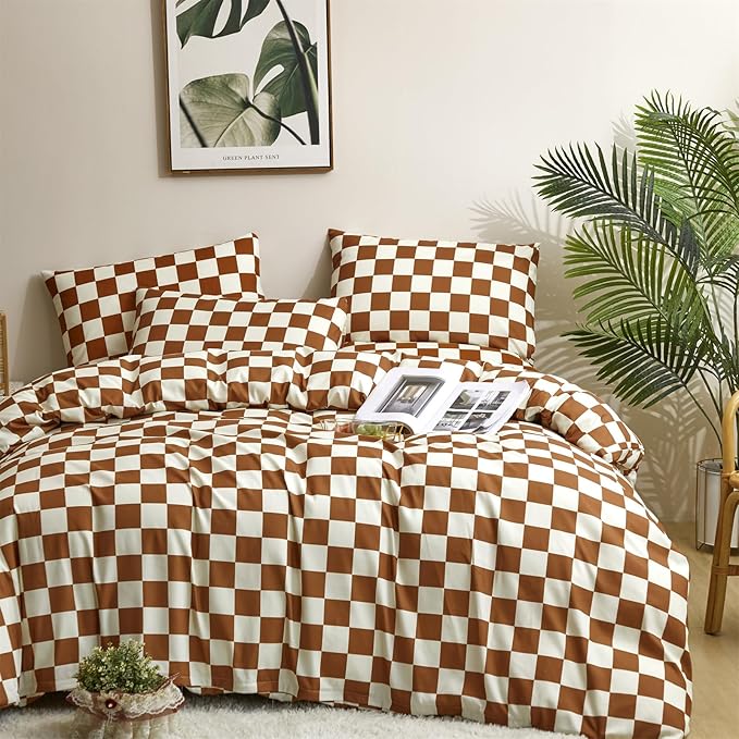 Pureant Pumpkin White Plaid Comforter Set Full Brown and White Checkered Bedding Comforter Soft Women Girls Brown Checkerboard Grid Quilts Full Size Boho Pumpkin Buffalo Plaid Comforter Geomertic