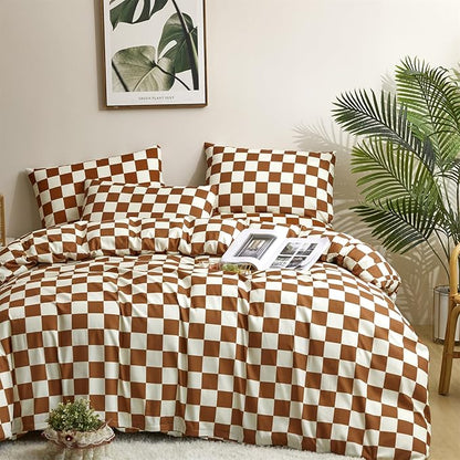 Pureant Pumpkin White Plaid Comforter Set Full Brown and White Checkered Bedding Comforter Soft Women Girls Brown Checkerboard Grid Quilts Full Size Boho Pumpkin Buffalo Plaid Comforter Geomertic